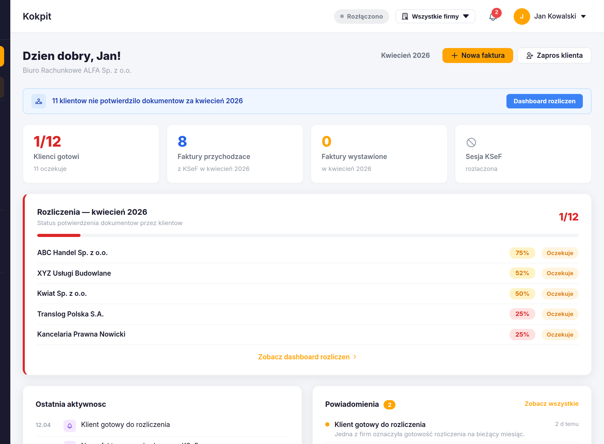 Kokpit Desta — przegląd rozliczeń, faktury przychodzące z KSeF, status klientów